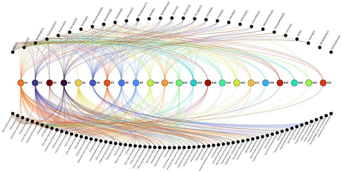 Discovered bipartite risk-factor to disease pathways in the UK Biobank